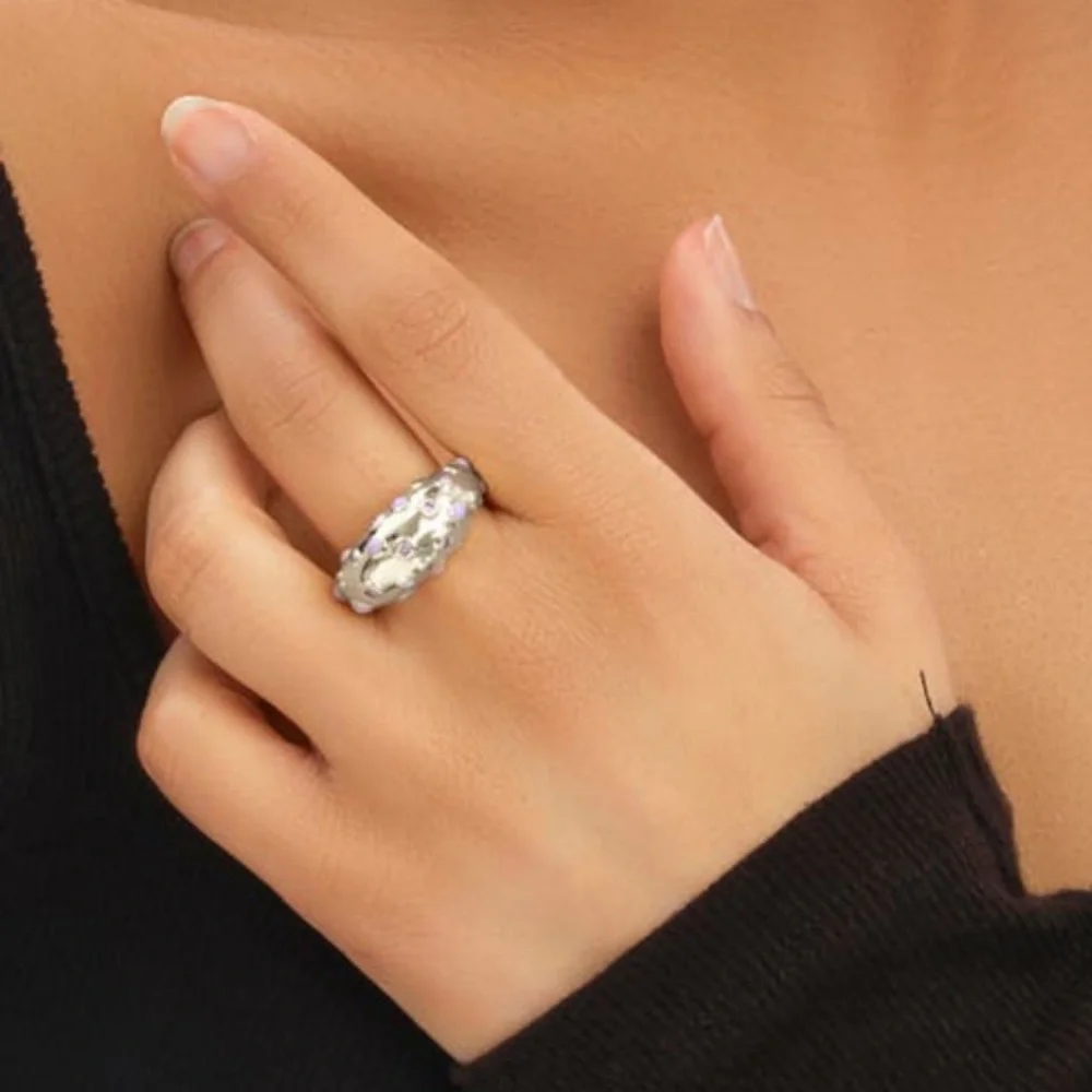 NEW! Silver Rhodium Plated Brass Enamel CZ Emberly Dome Ring Size 8